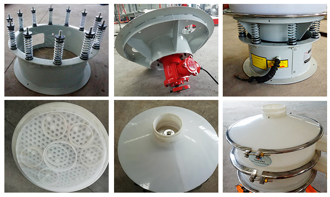 塑料振動(dòng)篩彈簧底座安裝，振動(dòng)電機(jī)安裝，篩網(wǎng)，防塵蓋等安裝圖片展示
